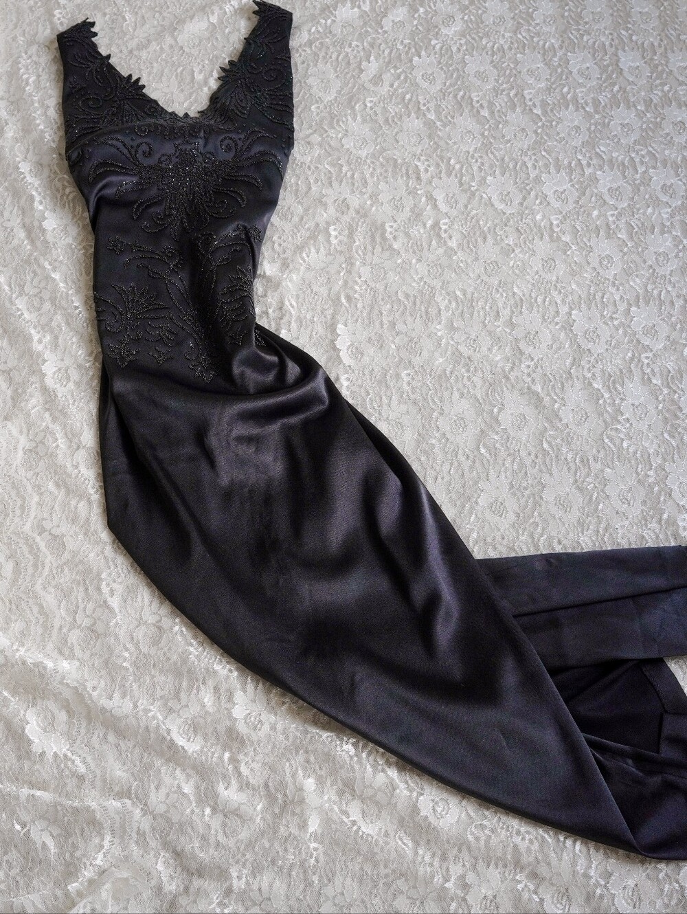 CDC Black Beaded Satin Evening Gown Vintage
